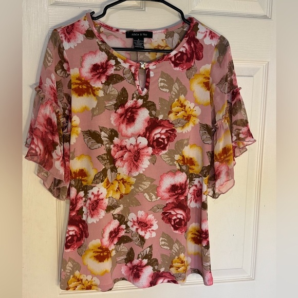 Adele & May Floral Girly Flirty Pink Blouse Flounce Short Sleeve Size Small - Picture 1 of 8